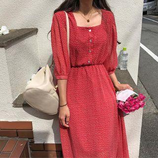 Elbow Sleeve Dotted Square Neck Dress