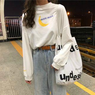 Mock-neck Moon Print Long-sleeve Pullover