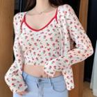 Floral Print Knit Cropped Camisole Top / Cardigan