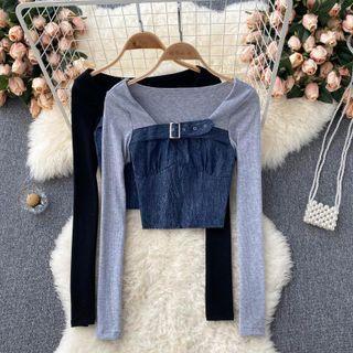Mock Two-piece Panel Denim Long-sleeve Top