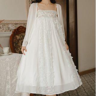 Set: Plain Cardigan + Sleeveless Lace A-line Dress