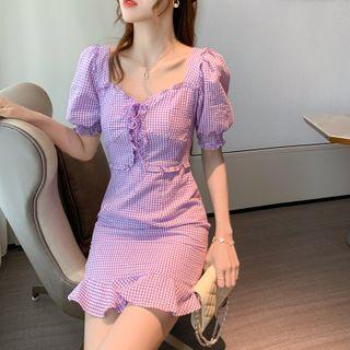 Puff-sleeve Tie Neck Plaid Dress