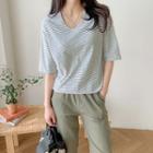 V-neck Dip-back Pinstriped T-shirt