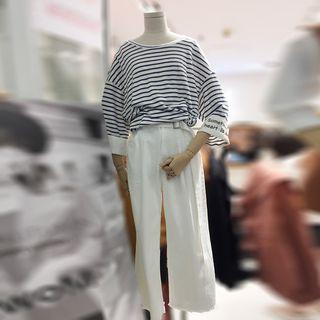 Set: 3/4-sleeve Striped Top + Wide-leg Jeans