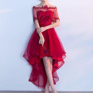 Lace Trim Strapless High-low Mesh Cocktail Dress