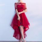 Lace Trim Strapless High-low Mesh Cocktail Dress