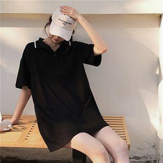 Color-block Elbow-sleeve Dress Black - One Size