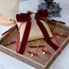 Set: Wedding Bow Velvet Hair Clip + Hair Stick + Dangle Earring Set - Wine Red - One Size