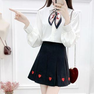 Set: Long-sleeve Blouse + Heart Embroidered Pleated A-line Mini Skirt
