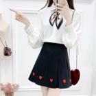 Set: Long-sleeve Blouse + Heart Embroidered Pleated A-line Mini Skirt