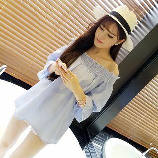 Striped Off Shoulder 3/4 Sleeve Long Top