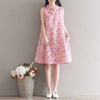 Sleeveless Crew Neck Feather Print Frog Button A-line Dress