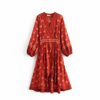Bell-sleeve Patterned Mini Sundress / Lantern-sleeve Maxi Patterned Sundress
