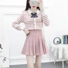 Collared Striped Knit Top / Pleated A-line Mini Skirt / Set