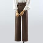 Puff-sleeve Blouse / Buckled Straight Leg Pants