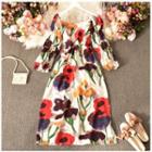 Long-sleeve Floral Midi A-line Dress White - One Size