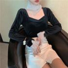 Mock Neck Sheer Panel Top Black - One Size