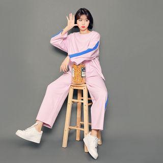 Set: Contrast-trim Loose-fit Top + Band-waist Pants