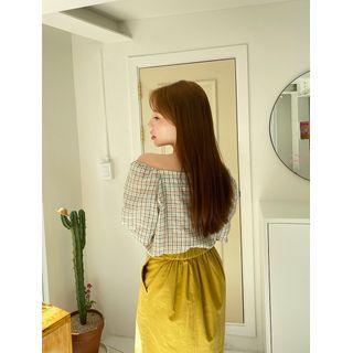 Plus Size Off-shoulder Ruffle-trim Plaid Top