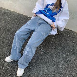 High Waist Wide-leg Cross Pattern Jeans