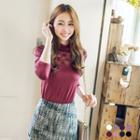 Lace Yoke Long Sleeve Mock Neck T-shirt