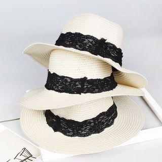 Lace Panel Straw Sun Hat Black Lace - Beige - One Size