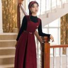 Long-sleeve Mock-neck Knit Top / Button-up Midi Overall Dress / Set