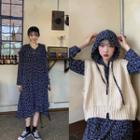 Long-sleeve Asymmetric Ruffled Floral Hooded Dress