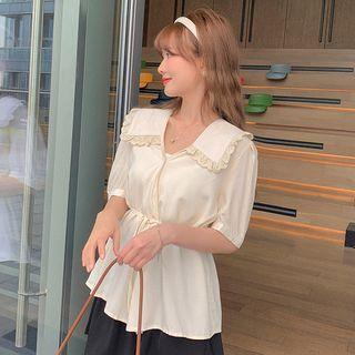 Short-sleeve Peter Pan-collar Lace Panel Lace-up Blouse