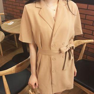 Buttoned Tie-waist Short-sleeve A-line Dress