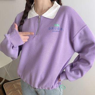 Contrast Collar Drawstring-hem Lettering Pullover