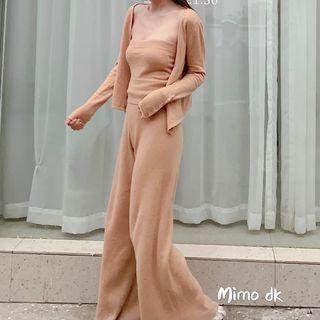 Knit Strapless Top / Plain Cardigan / High-waist Wide-leg Pants