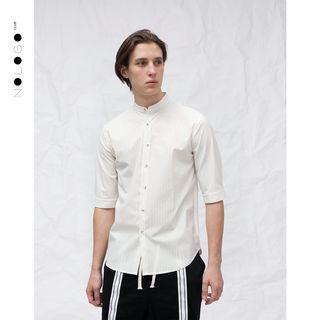 Mandarin Collar Striped Elbow-sleeve Shirt