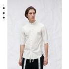 Mandarin Collar Striped Elbow-sleeve Shirt