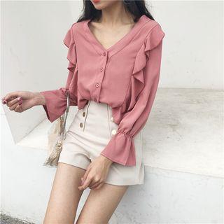 V-neck Ruffle-trim Blouse Dry Rose - One Size