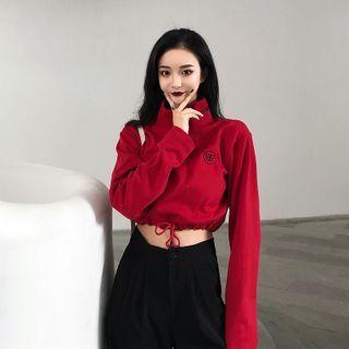 Butterfly Embroidered Drawstring Cropped Sweatshirt Red - One Size