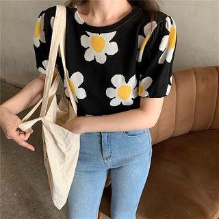 Short-sleeve Flower Knit Top Black - One Size