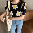 Short-sleeve Flower Knit Top Black - One Size