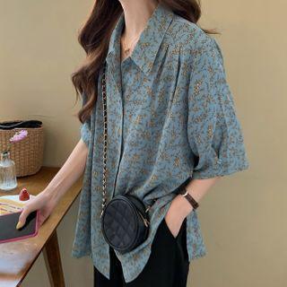 Short-sleeve Floral Print Chiffon Shirt Light Blue - One Size
