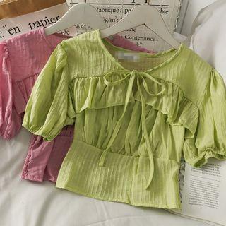 Ruched Cropped Camisole Top + Tie-neckline Ruffled Shawl In 5 Colors