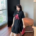 Elbow-sleeve Fish Embroidered Mini Qipao Dress