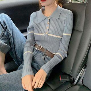 Polo-neck Striped Ribbed Knit Top