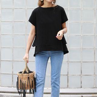 Short-sleeve Plain Blouse Black - One Size