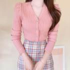 Puff-sleeve Flower-button Cardigan