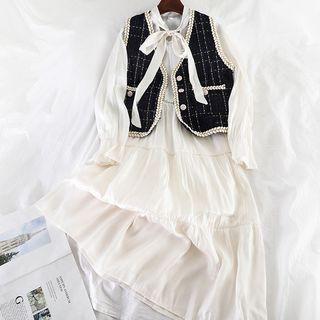 Set: Tweed Vest + Long-sleeve Midi Dress
