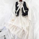 Set: Tweed Vest + Long-sleeve Midi Dress