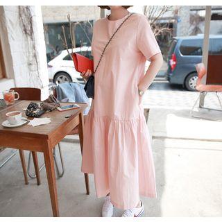 Short-sleeve Frill-hem Long Dress