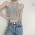 Tie-dye Cropped Halter Knit Tank Top As Shown In Figure - One Size