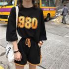 Set: 3/4-sleeve Number Print T-shirt + Sweat Shorts