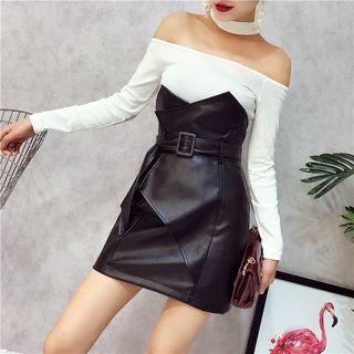 Set: Long-sleeve Choker T-shirt + High Waist Faux Leather Skirt